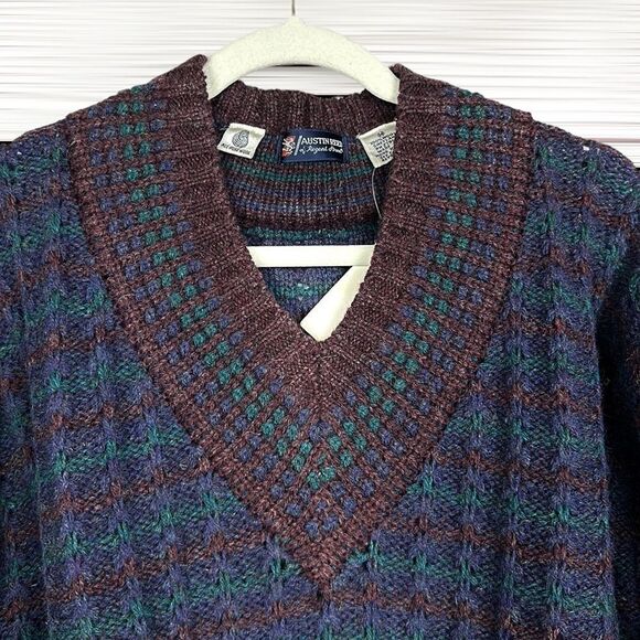 NWT Vintage AUSTIN REED V-neck Sweater Shetland Wool Blue Brown size M - Picture 2 of 13